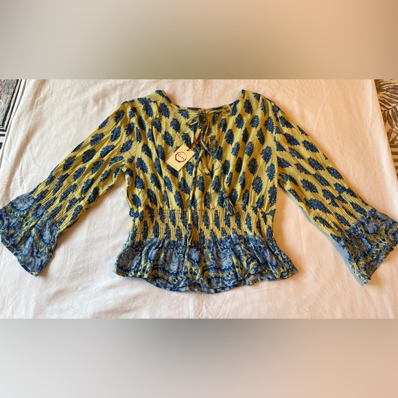 RAGA for Anthropologie Yellow with Blue Floral Print Boho Top Size S Small NWT - Picture 3 of 7